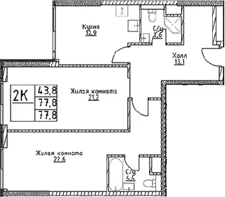 Планировка: 2-комнатная квартира 77,8 м² в ЖК «Наметкин Тауэр»