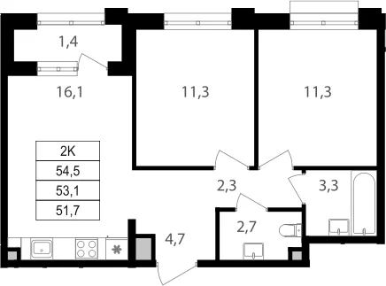 Планировка: 2-комнатная квартира 51,7 м² в ЖК «Михалковский»