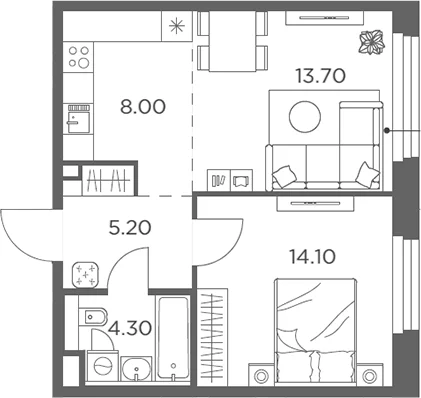 Планировка: Евродвушка 45,3 м² в ЖК «Белый Град»