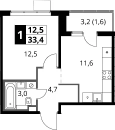 Планировка: 1-комнатная квартира 31,8 м² в ЖК «1-й Химкинский»