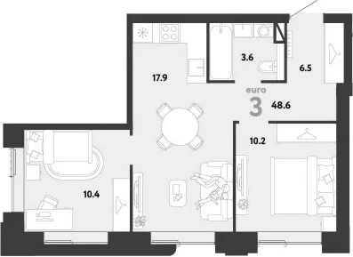 Планировка: Евротрёшка 48,6 м² в ЖК «Страна.Заречная»