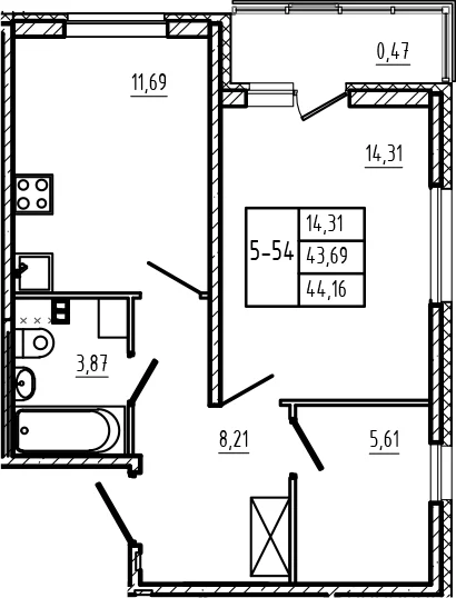 Планировка: 1-комнатная квартира 43,7 м² в ЖК «Новая история»