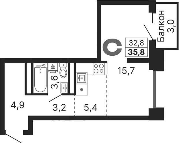 Планировка: Студия 32,8 м² в ЖК «Бестселлер»