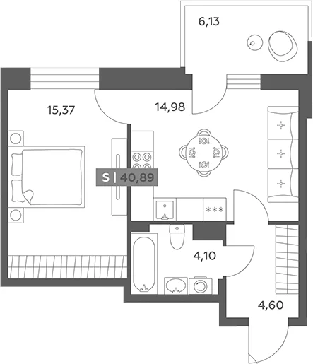 Планировка: 1-комнатная квартира 39,1 м² в ЖК «Аквилон РекаПарк»