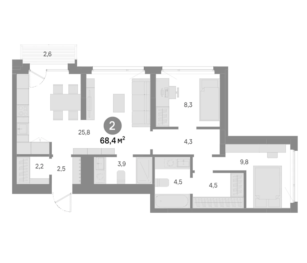 Планировка: 2-комнатная квартира 65,8 м² в ЖК «Квартал Издание»