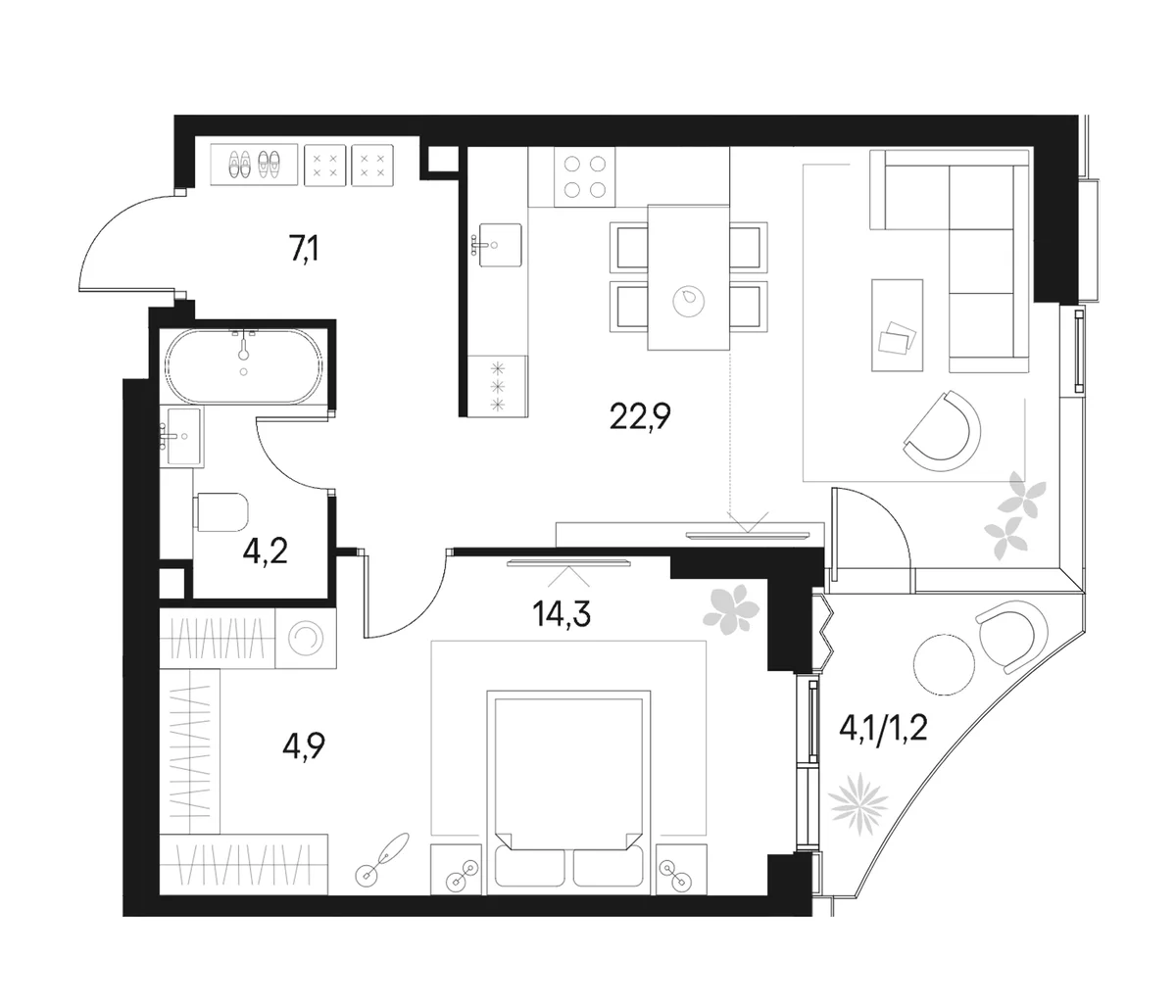 Планировка: Евродвушка 53,4 м² в ЖК «Клубный город на реке Примавера»