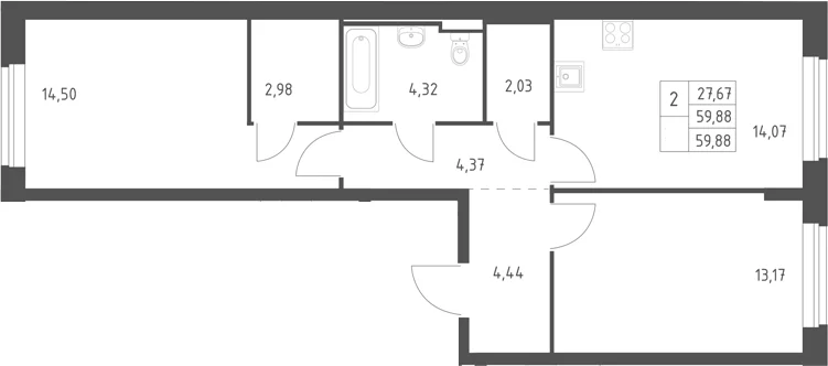 Планировка: 2-комнатная квартира 59,9 м² в ЖК «Горки Парк»