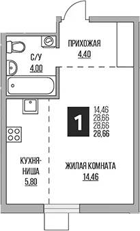 Планировка: Студия 28,7 м² в ЖК «Гранель Притяжение Сити»