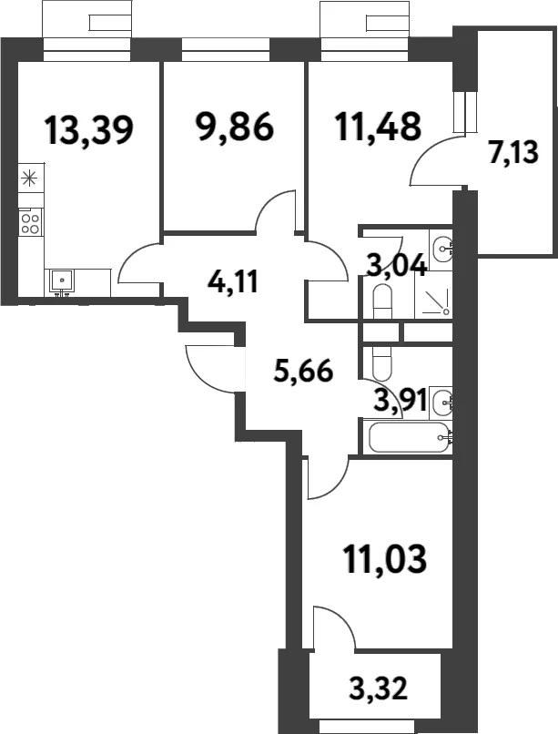 Планировка: 3-комнатная квартира 62,5 м² в ЖК «Смарт Гарден»