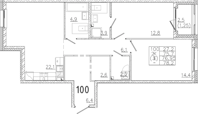 Планировка: Евротрёшка 75,7 м² в ЖК «Лисино»