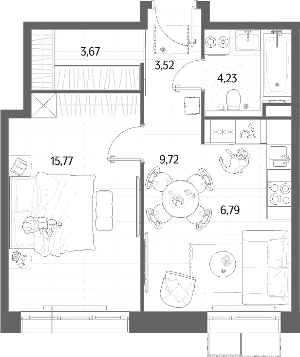 Планировка: Евродвушка 43,7 м² в ЖК «МЫС»