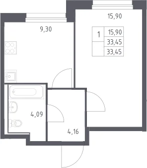 Планировка: 1-комнатная квартира 33,5 м² в ЖК «Прибрежный Парк»