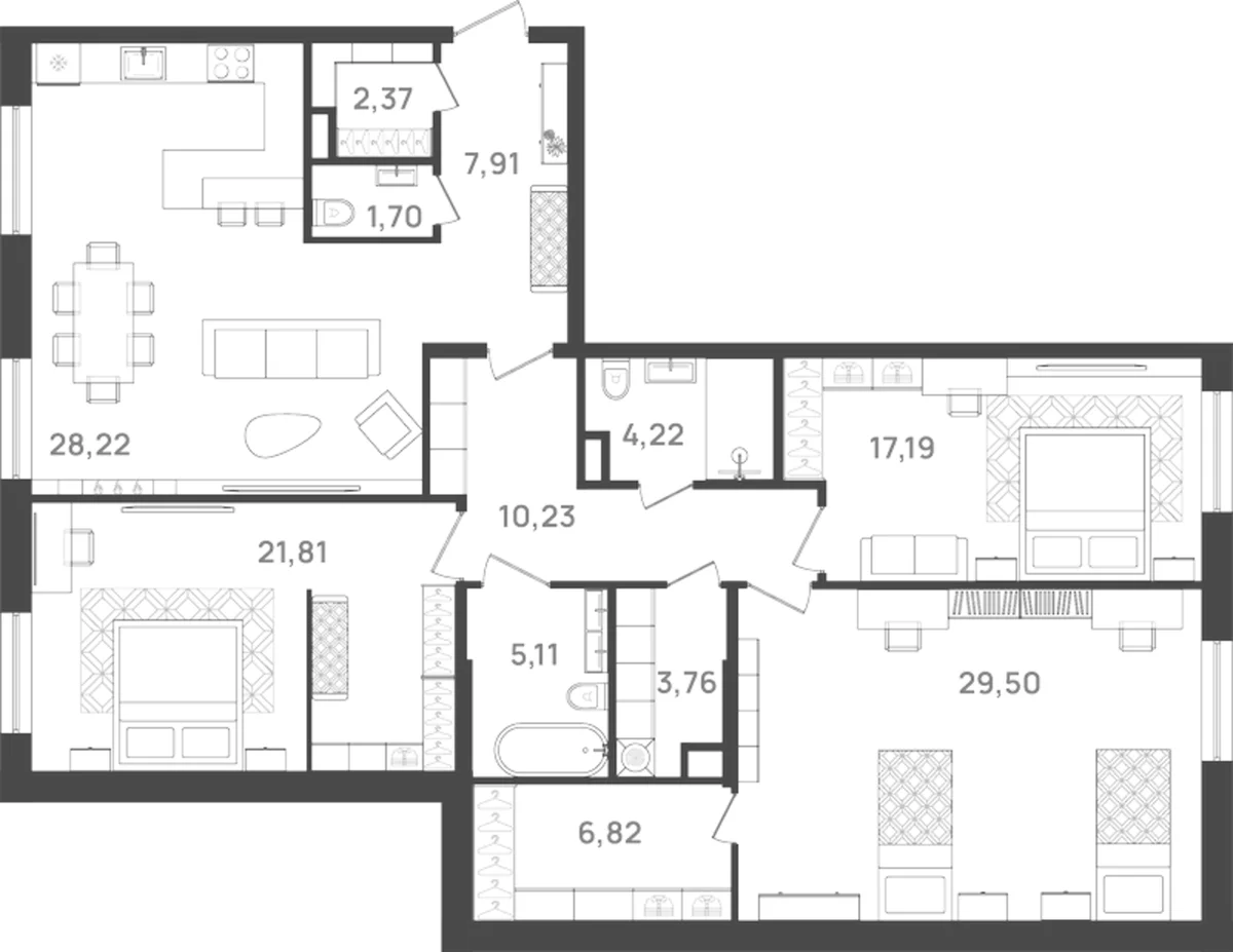 Планировка: Квартира евро-4 140,8 м² в ЖК «6 Квартал»