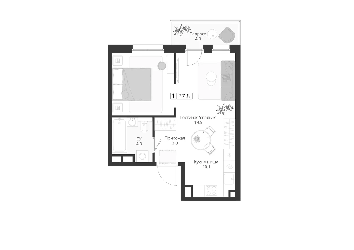 Планировка: Студия 36,6 м² в ЖК «ГРЭЙ»