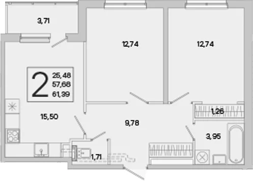 Планировка: Евротрёшка 57,7 м² в ЖК «ЮгТаун. Олимпийские кварталы»