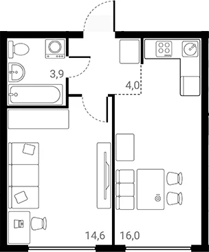 Планировка: 1-комнатная квартира 38,5 м² в ЖК «Лесная Коллекция»