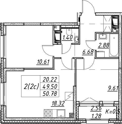 Планировка: Евротрёшка 49,5 м² в ЖК «Цивилизация на Неве»