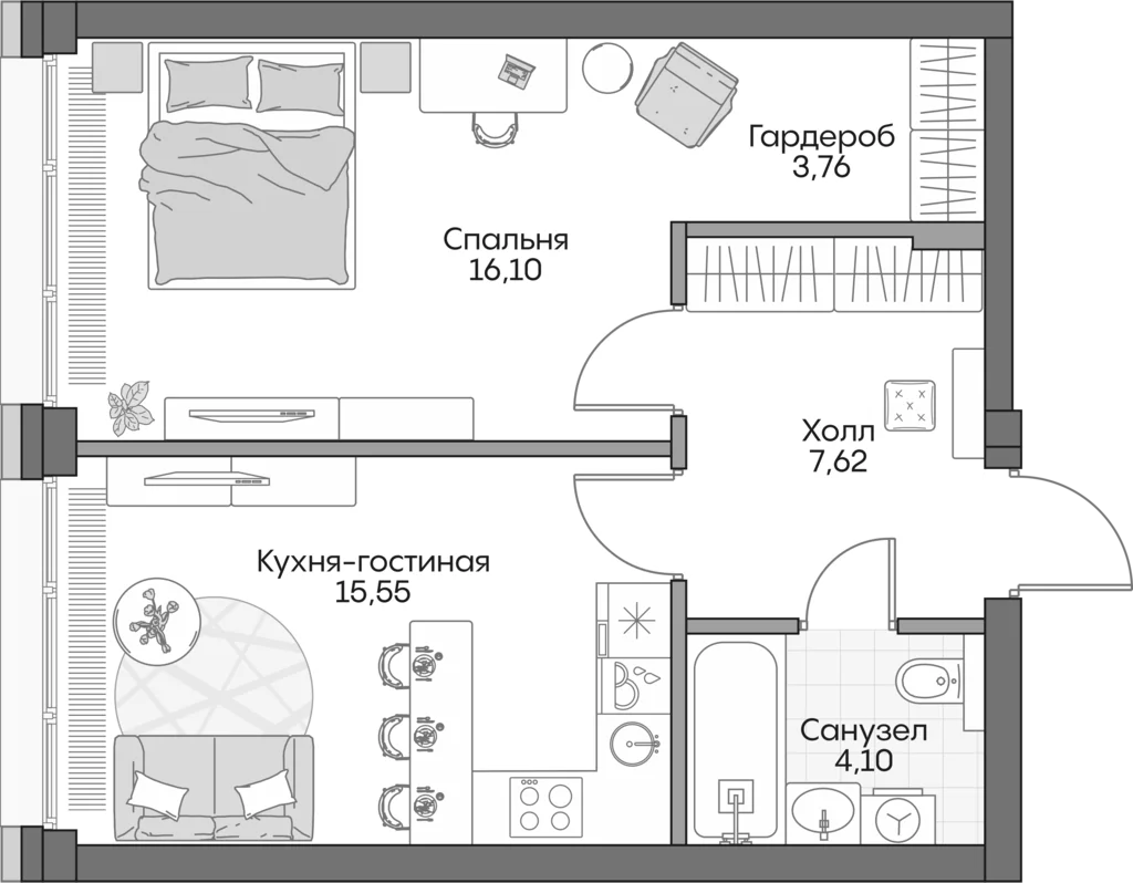 Планировка: Евродвушка 46,1 м² в ЖК «Инсайдер»