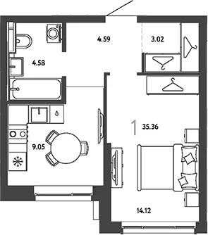 Планировка: 1-комнатная квартира 35,4 м² в ЖК «Страна.Парковая»