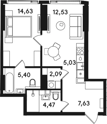 Планировка: Евродвушка 51,8 м² в ЖК «СОЛОС»