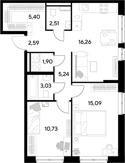 Планировка: Евротрёшка 62,8 м² в ЖК «Космопарк»