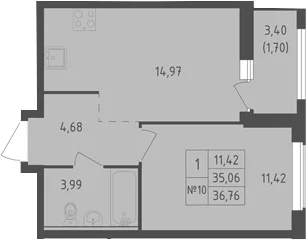 Планировка: 1-комнатная квартира 35,1 м² в ЖК «Южная Нева»
