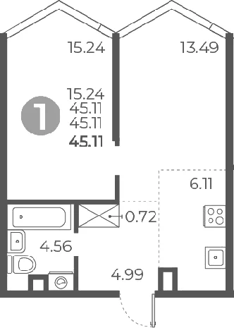 Планировка: 1-комнатная квартира 45,1 м² в ЖК «Мневники от Гранель»