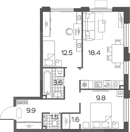 Планировка: Евротрёшка 57,3 м² в ЖК «Лучи»