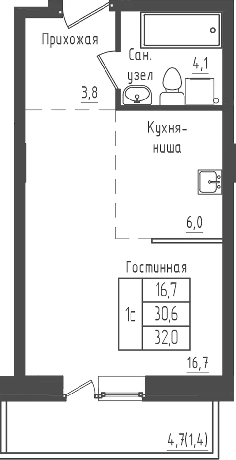Планировка: Студия 30,6 м² в ЖК «Зеленый город»