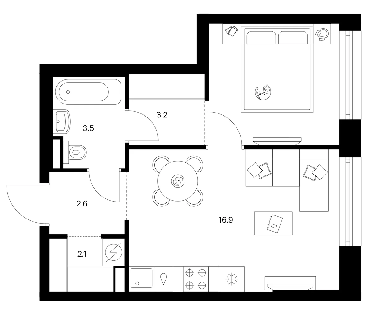 Планировка: 1-комнатная квартира 37,3 м² в ЖК «Зеленый парк»