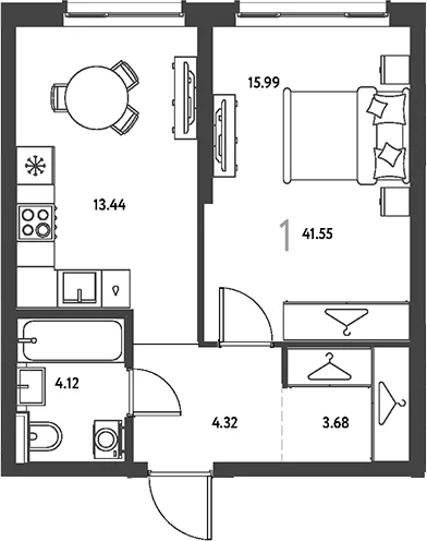 Планировка: 1-комнатная квартира 41,6 м² в ЖК «Страна.Парковая»