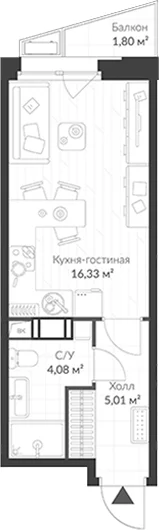 Планировка: Студия 25,4 м² в ЖК «ВЕРЕН НОРТ Cертолово»
