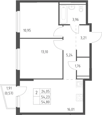 Планировка: Евротрёшка 54,2 м² в ЖК «Егорово парк»