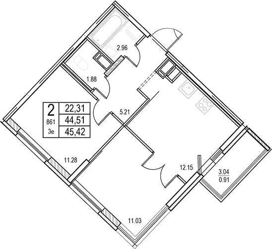 Планировка: Евротрёшка 44,5 м² в ЖК «ID Murino III»