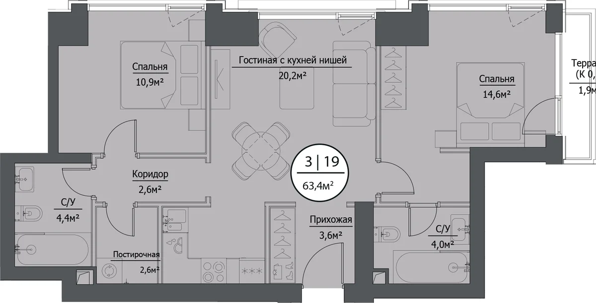 Планировка: Евротрёшка 63 м² в ЖК «hide»