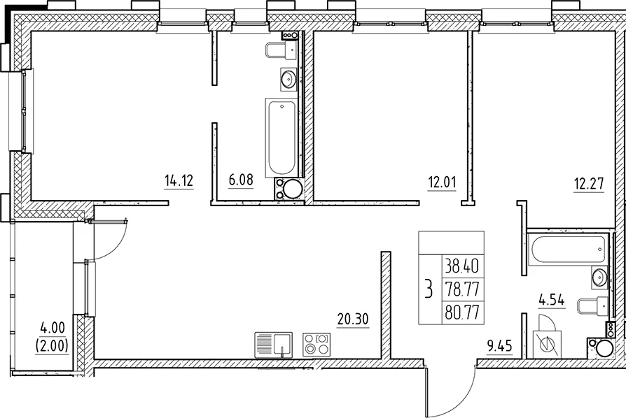 Планировка: Квартира евро-4 78,8 м² в ЖК «Сезоны»