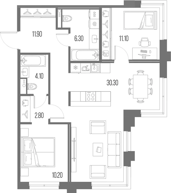 Планировка: Евротрёшка 76,7 м² в ЖК «Легенда на Охте»