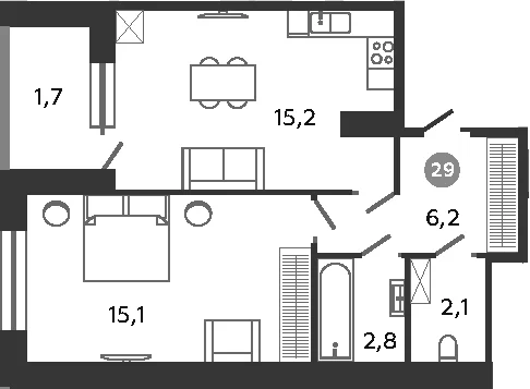 Планировка: Евродвушка 41,4 м² в ЖК «Графская слобода в Песках»