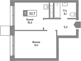 Планировка: 1-комнатная квартира 32,7 м² в ЖК «Сити квартал Отрада»