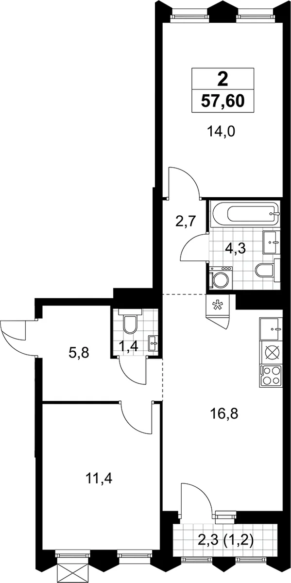 Планировка: Евротрёшка 56,4 м² в ЖК «Деснаречье»