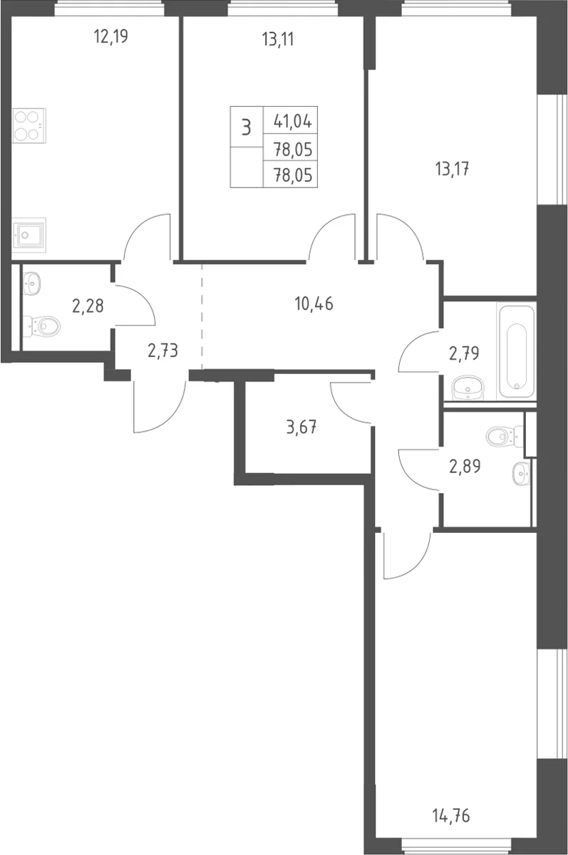 Планировка: 3-комнатная квартира 78,1 м² в ЖК «Егорово парк»