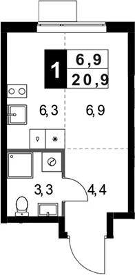 Планировка: Студия 20,9 м² в ЖК «1-й Измайловский»