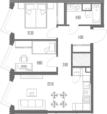 Планировка: 2-комнатная квартира 54,3 м² в ЖК «Северный Порт»