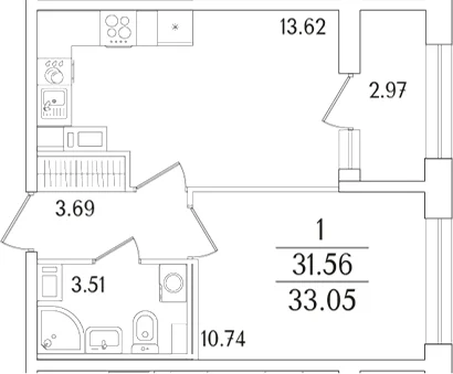 Планировка: Евродвушка 31,6 м² в ЖК «Аурум»