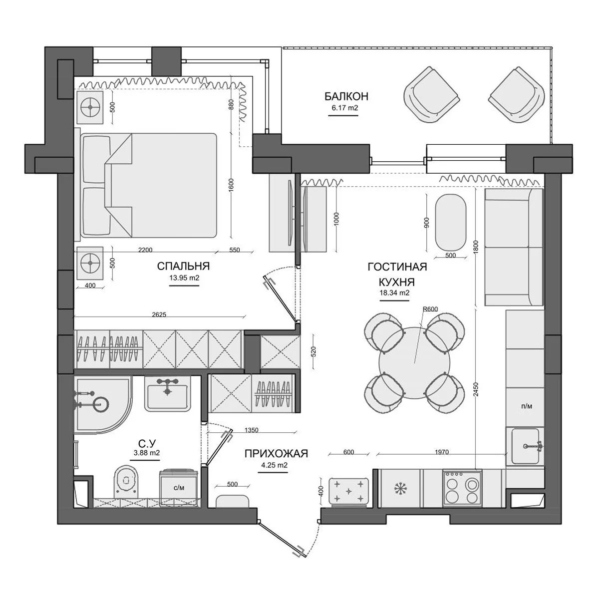 Планировка: Евродвушка 40,7 м² в ЖК «Лесной»