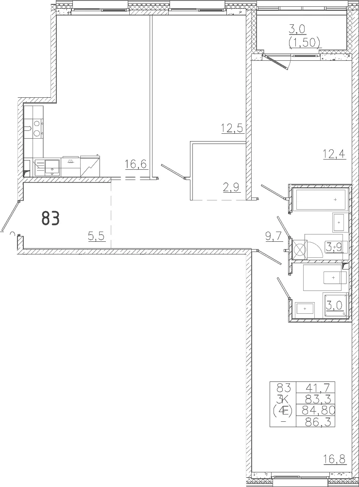 Планировка: Квартира евро-4 83,3 м² в ЖК «Лисино»