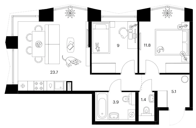 Планировка: 2-комнатная квартира 54,9 м² в ЖК «Бусиновский парк»