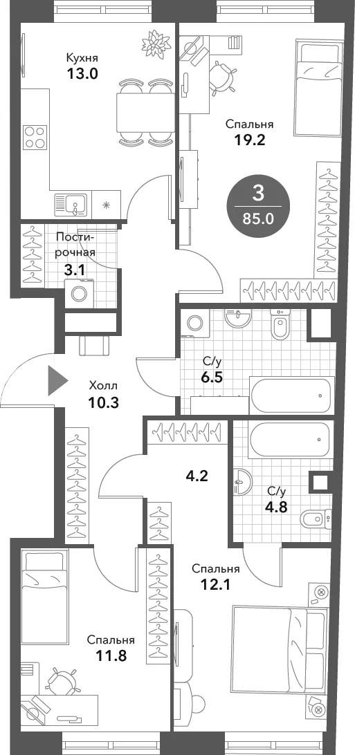 Планировка: 3-комнатная квартира 85 м² в ЖК «Воксхолл»