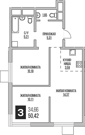 Планировка: Евротрёшка 50,4 м² в ЖК «Гранель Аникеевский»
