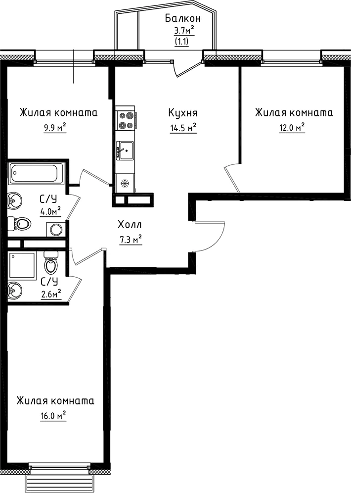 Планировка: 3-комнатная квартира 66,3 м² в ЖК «Коллекция»